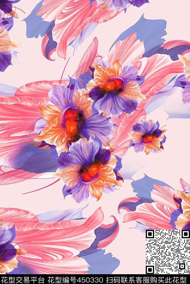 花卉手绘花朵数码印花华亿平台下载（图片编号: 450330） - 瓦栏（Walan）