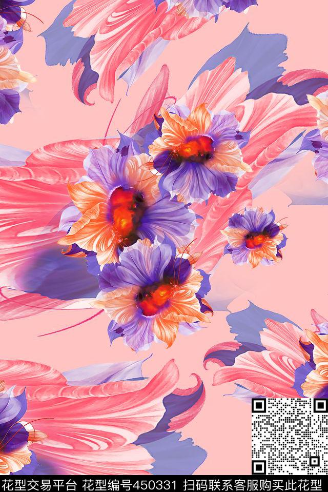 花卉手绘花朵数码印花华亿平台下载（图片编号: 450331） - 瓦栏（Walan）