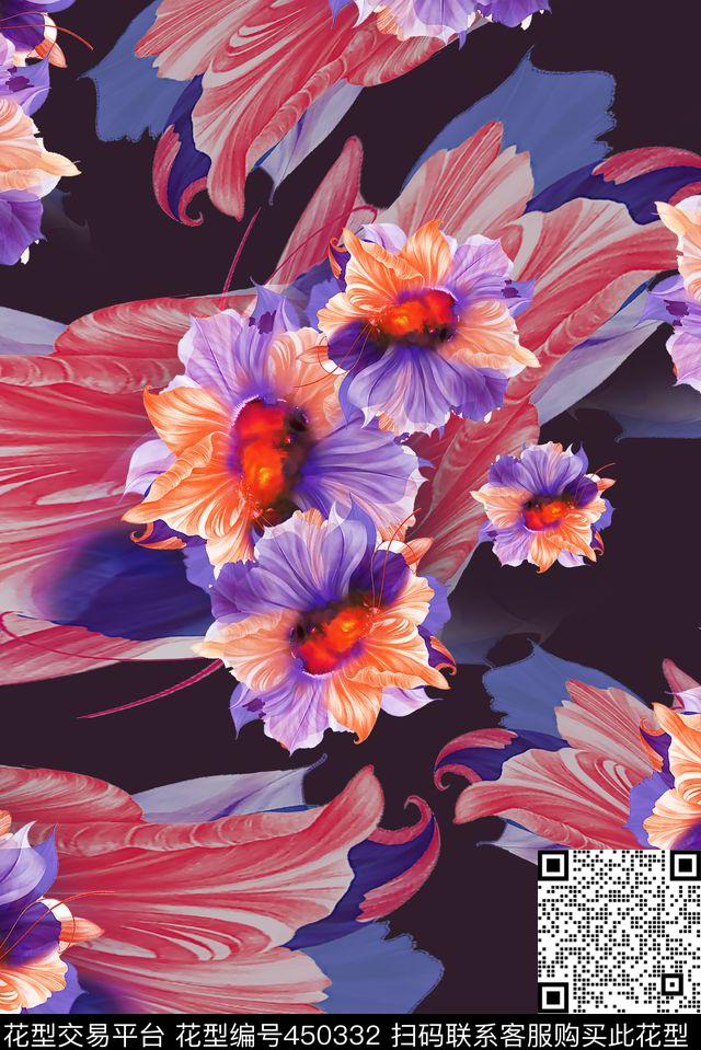花卉手绘花朵数码印花华亿平台下载（图片编号: 450332） - 瓦栏（Walan）