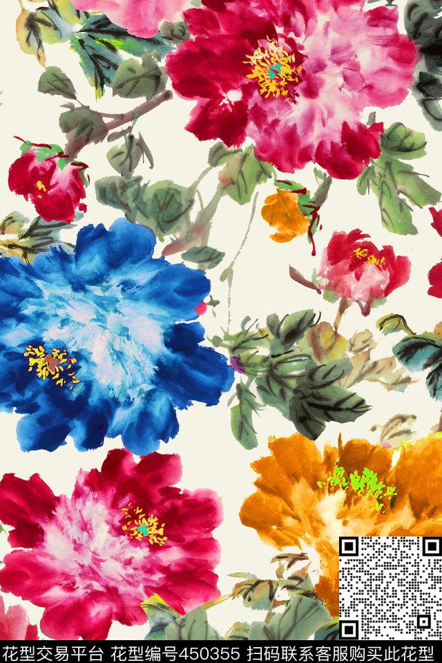 水墨牡丹花卉花卉数码印花华亿平台下载（图片编号: 450355） - 瓦栏（Walan）