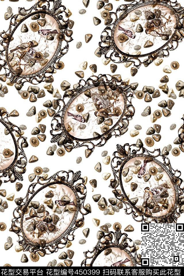 简约复古时尚小清新鹅卵石镜框花鸟潮流连衣裙数码印花华亿平台下载（图片编号: 450399） - 瓦栏（Walan）