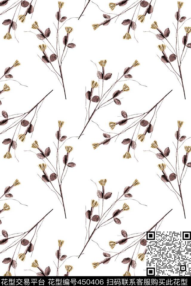 复古小清新花枝树枝潮流数码印花华亿平台下载（图片编号: 450406） - 瓦栏（Walan）
