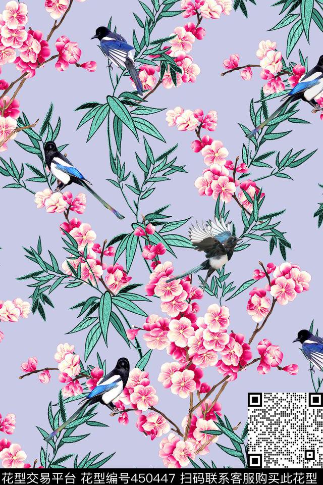 报春花卉小鸟数码印花华亿平台下载（图片编号: 450447） - 瓦栏（Walan）
