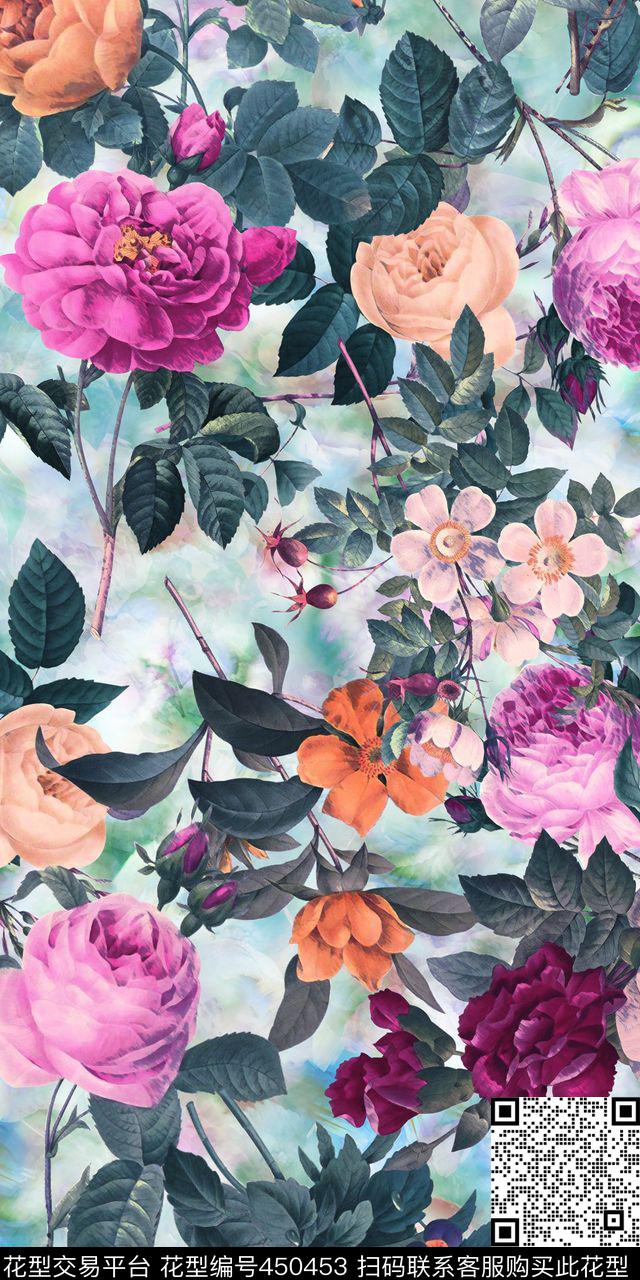 茶花花卉绿叶数码印花华亿平台下载（图片编号: 450453） - 瓦栏（Walan）