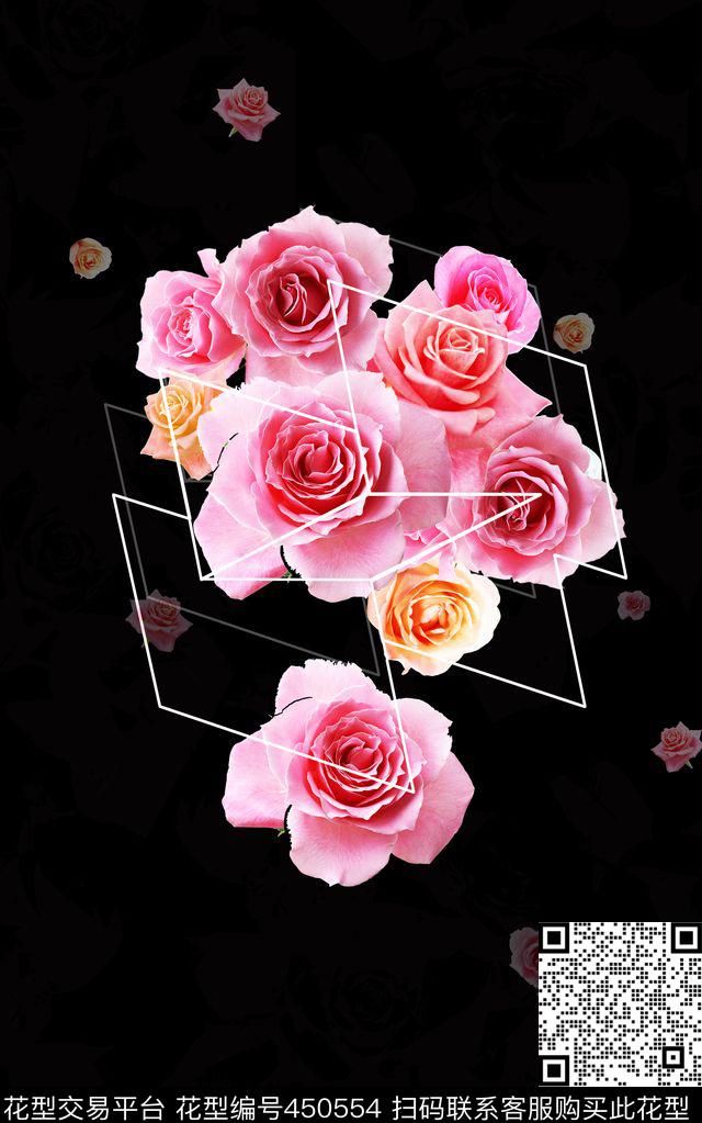 时尚创意玫瑰花定位几何线条数码印花华亿平台下载（图片编号: 450554） - 瓦栏（Walan）