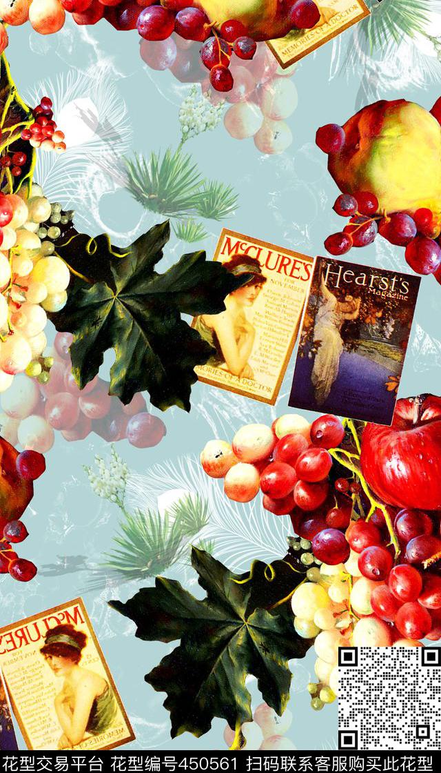 复古时尚油画水果旧杂志数码印花华亿平台下载（图片编号: 450561） - 瓦栏（Walan）