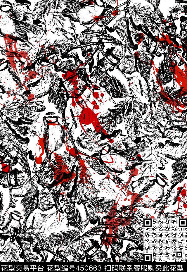 黑白树叶鸟传统印花华亿平台下载（图片编号: 450663） - 瓦栏（Walan）
