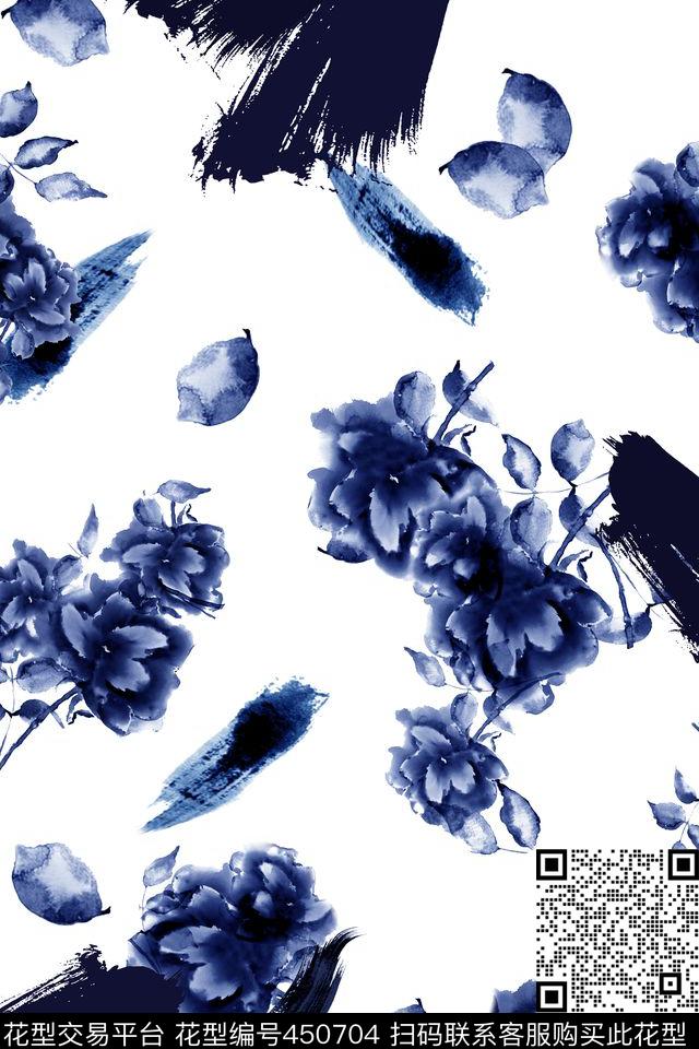 水墨花卉笔触现代中国风传统印花华亿平台下载（图片编号: 450704） - 瓦栏（Walan）