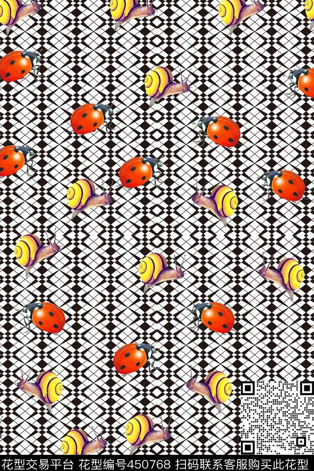 几何格子蜗牛瓢虫数码印花华亿平台下载（图片编号: 450768） - 瓦栏（Walan）