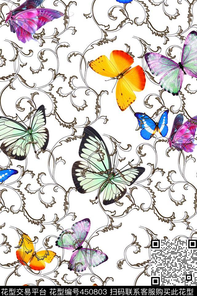 蝴蝶卷草满版卷草数码印花华亿平台下载（图片编号: 450803） - 瓦栏（Walan）
