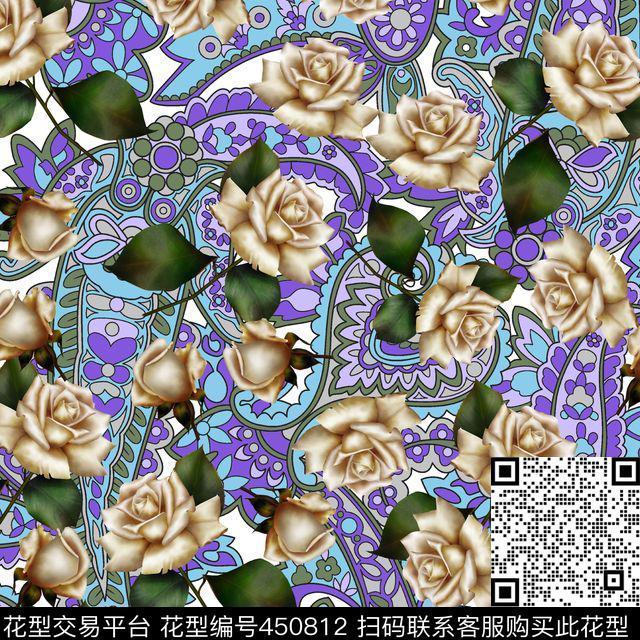 复古风火腿纹玫瑰数码印花华亿平台下载（图片编号: 450812） - 瓦栏（Walan）