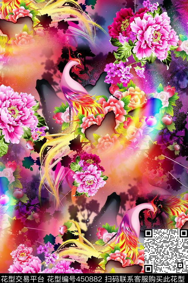 中国风凤凰孔雀数码印花华亿平台下载（图片编号: 450882） - 瓦栏（Walan）