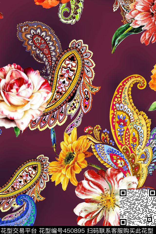 民族风佩斯里花卉数码印花华亿平台下载（图片编号: 450895） - 瓦栏（Walan）