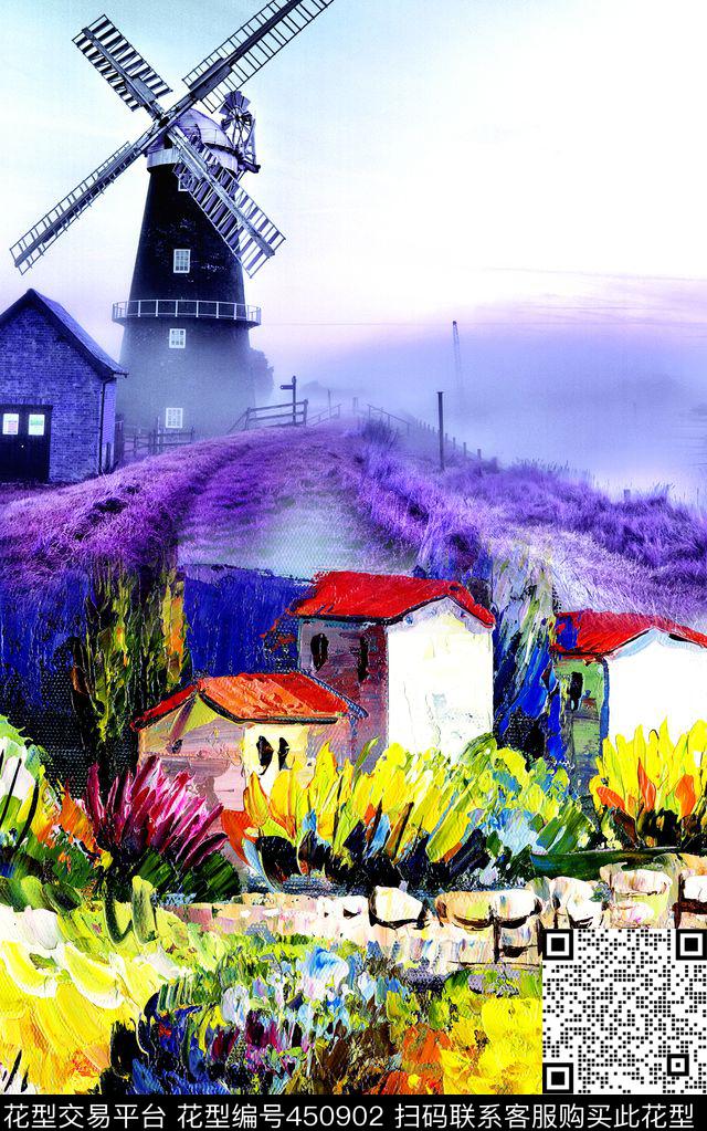 田园风油画风景风车数码印花华亿平台下载（图片编号: 450902） - 瓦栏（Walan）