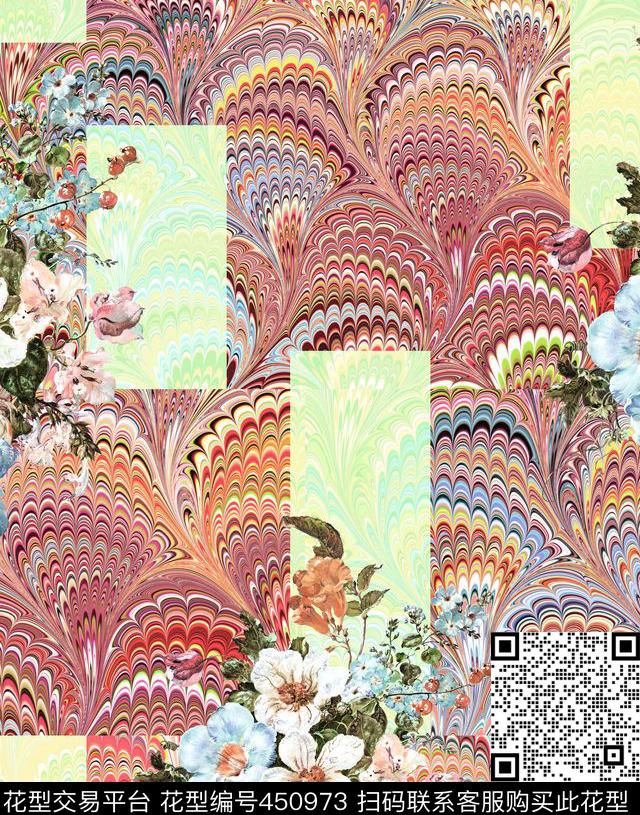 抽象几何超美抽象几何波浪色块油画手绘花卉数码印花华亿平台下载（图片编号: 450973） - 瓦栏（Walan）