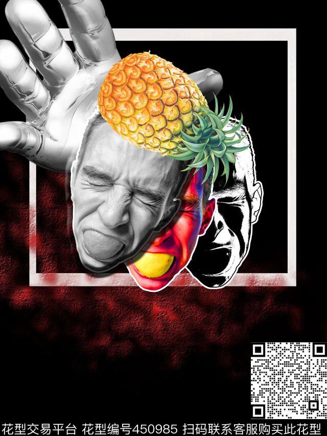 夸张人脸手掌菠萝数码印花华亿平台下载（图片编号: 450985） - 瓦栏（Walan）