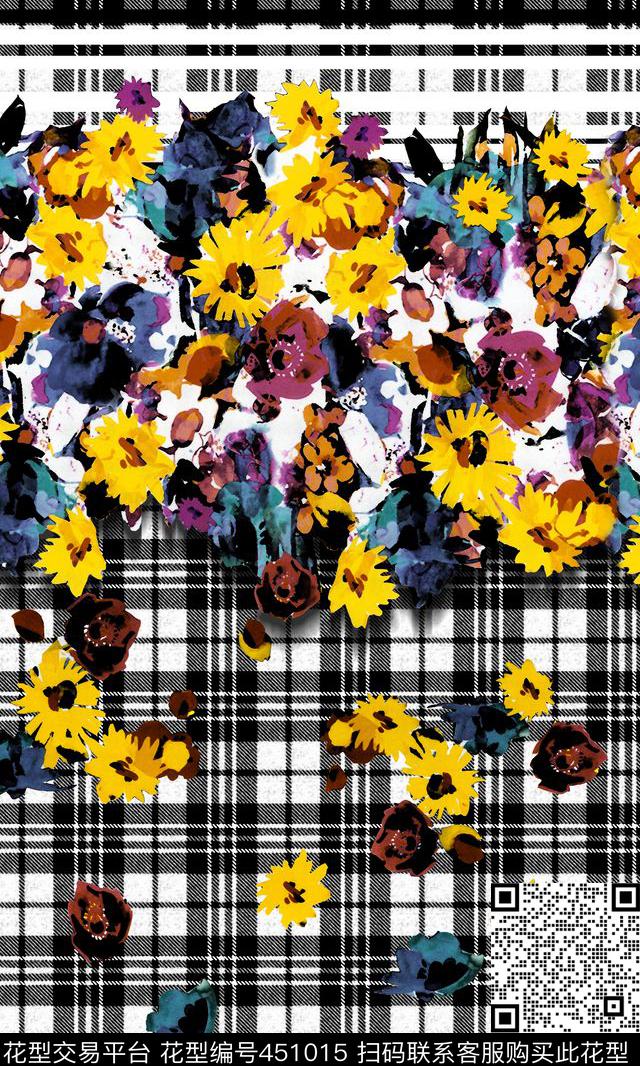 黑白格子水彩花秋冬裙子数码印花华亿平台下载（图片编号: 451015） - 瓦栏（Walan）