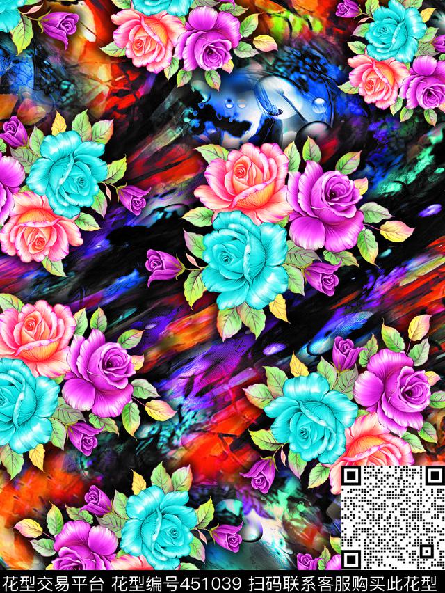 花卉幻彩玫瑰数码印花华亿平台下载（图片编号: 451039） - 瓦栏（Walan）