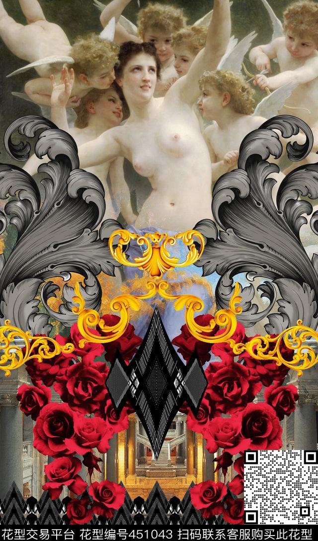 红色花卉几何建筑数码印花华亿平台下载（图片编号: 451043） - 瓦栏（Walan）