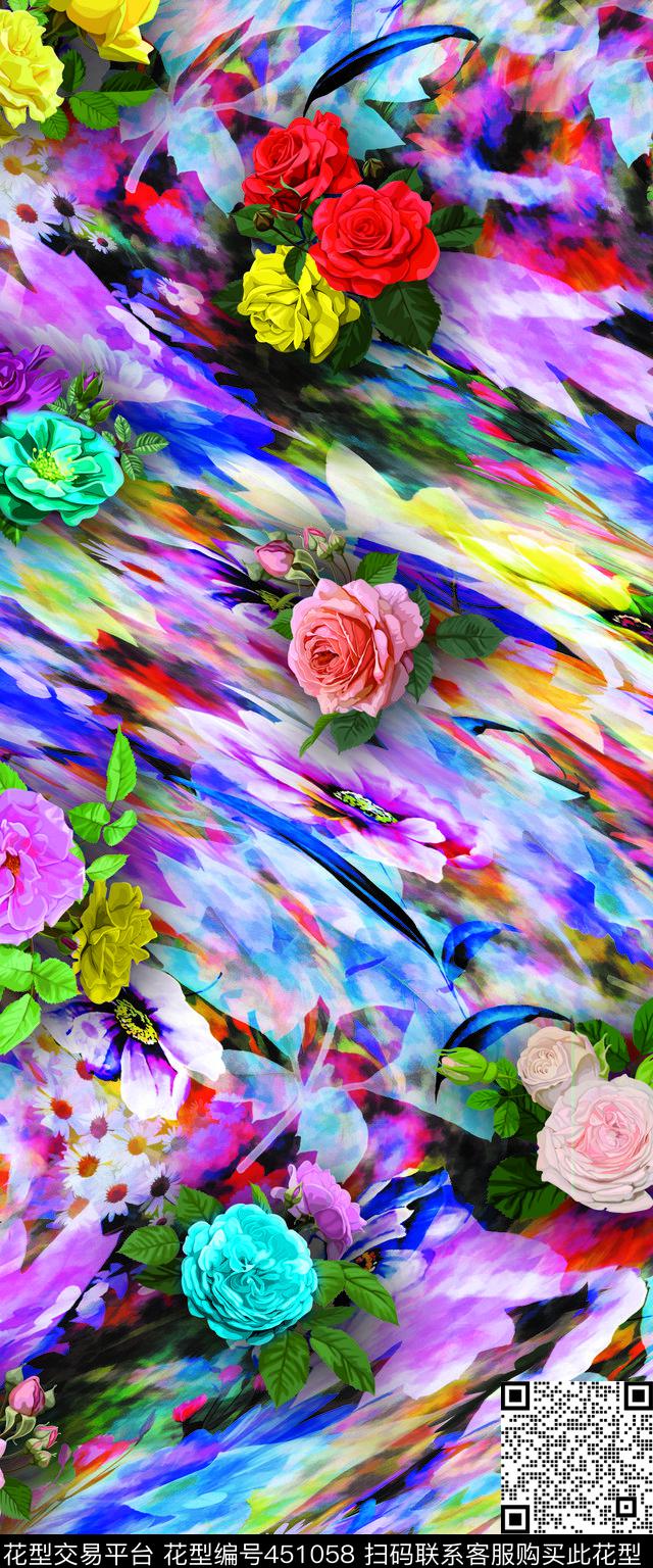 花卉幻彩绚丽曲线数码印花华亿平台下载（图片编号: 451058） - 瓦栏（Walan）