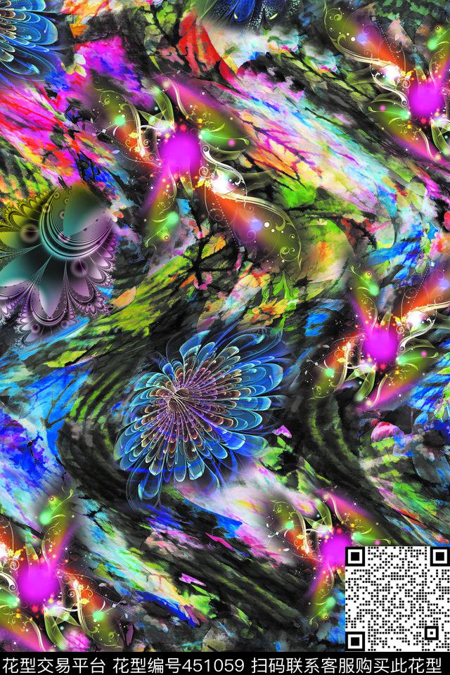 抽象花卉幻彩绚丽曲线数码印花华亿平台下载（图片编号: 451059） - 瓦栏（Walan）