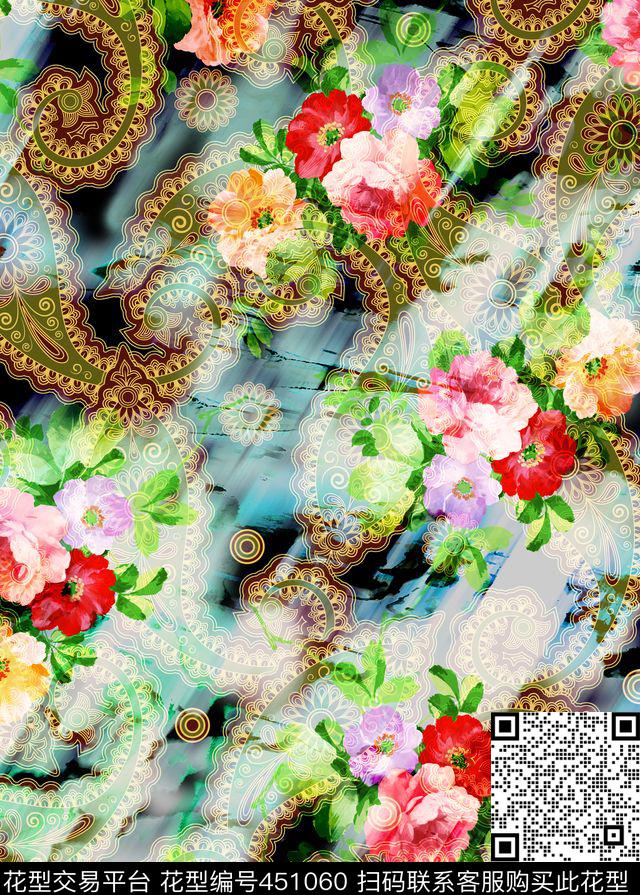 佩斯利纹花卉佩斯利漩涡纹数码印花华亿平台下载（图片编号: 451060） - 瓦栏（Walan）