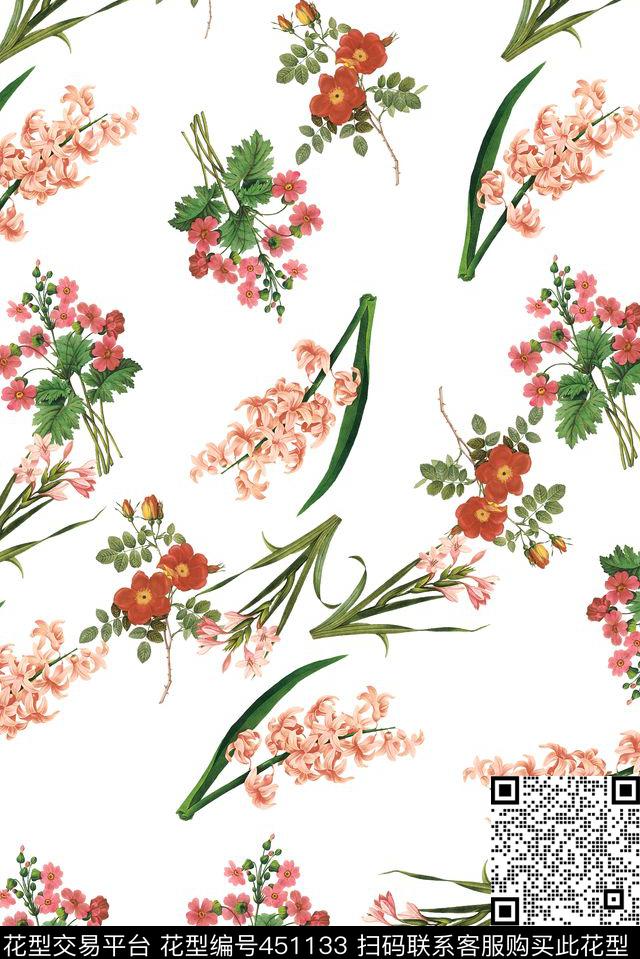 花卉简单花卉时尚白底数码印花华亿平台下载（图片编号: 451133） - 瓦栏（Walan）