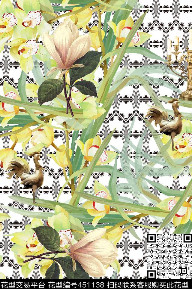 花卉几何图像简单数码印花华亿平台下载（图片编号: 451138） - 瓦栏（Walan）