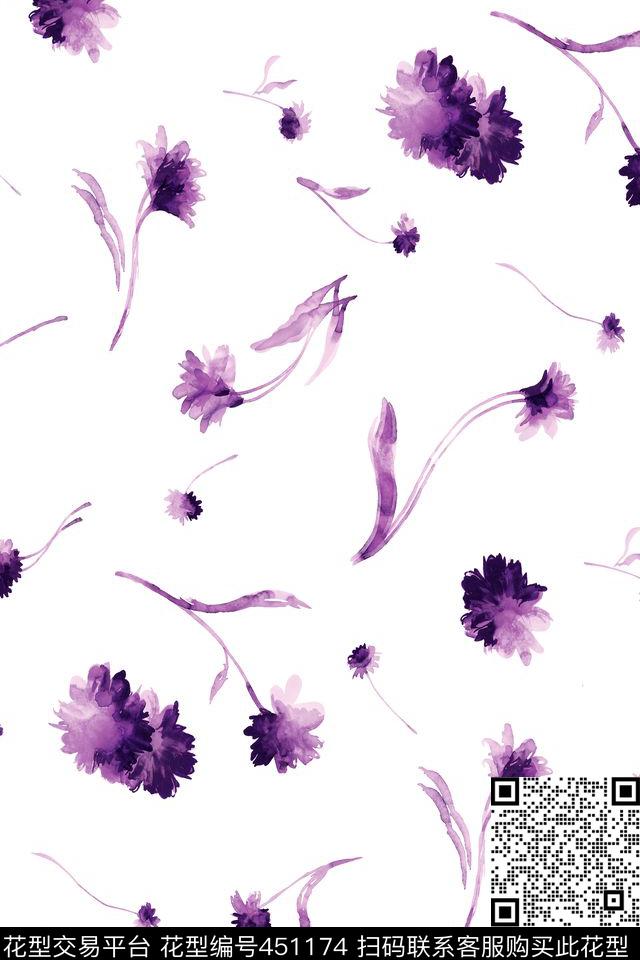 水墨画紫色小花潮流女装数码印花华亿平台下载（图片编号: 451174） - 瓦栏（Walan）