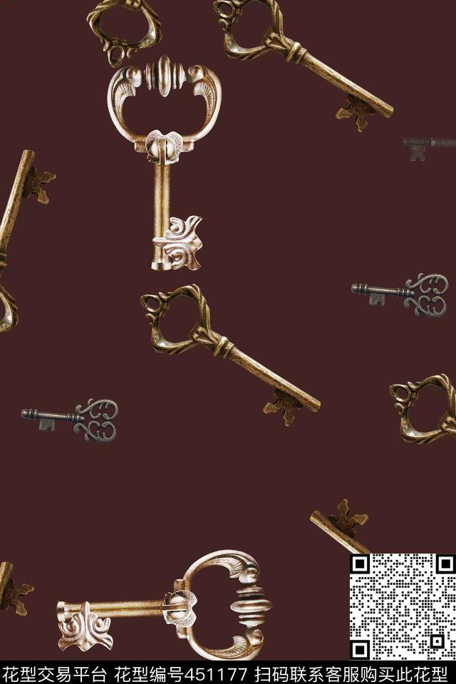 复古钥匙时尚数码印花华亿平台下载（图片编号: 451177） - 瓦栏（Walan）
