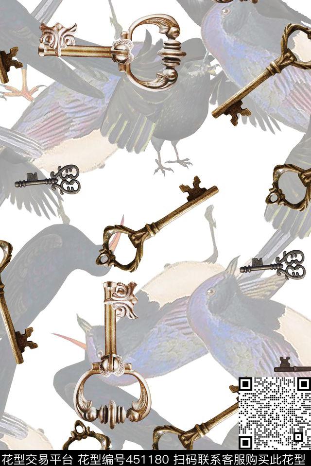复古钥匙鸟儿数码印花华亿平台下载（图片编号: 451180） - 瓦栏（Walan）