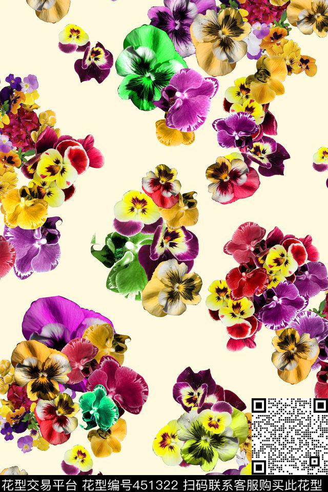 流行时尚复古黄系多彩花卉数码印花华亿平台下载（图片编号: 451322） - 瓦栏（Walan）