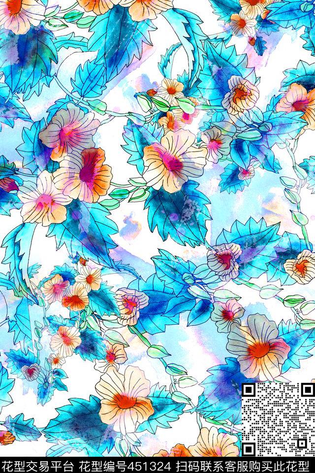 手绘花卉花朵数码印花华亿平台下载（图片编号: 451324） - 瓦栏（Walan）