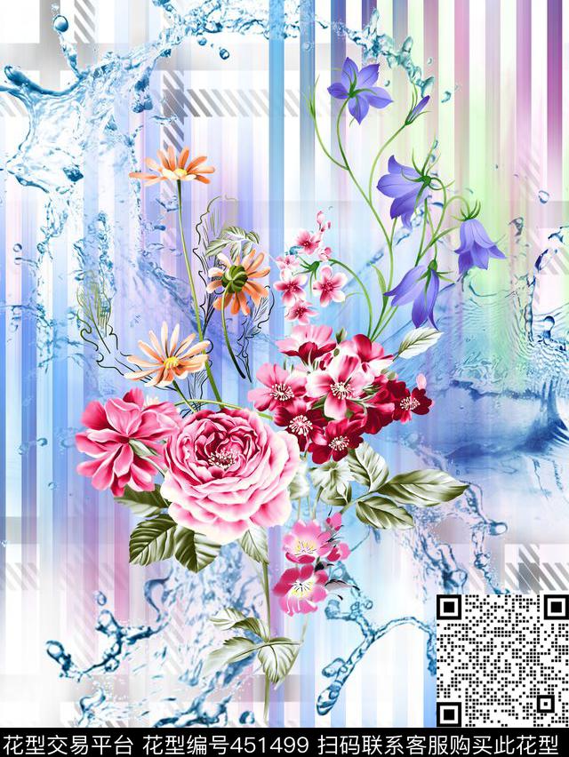 花卉水珠条子数码印花华亿平台下载（图片编号: 451499） - 瓦栏（Walan）