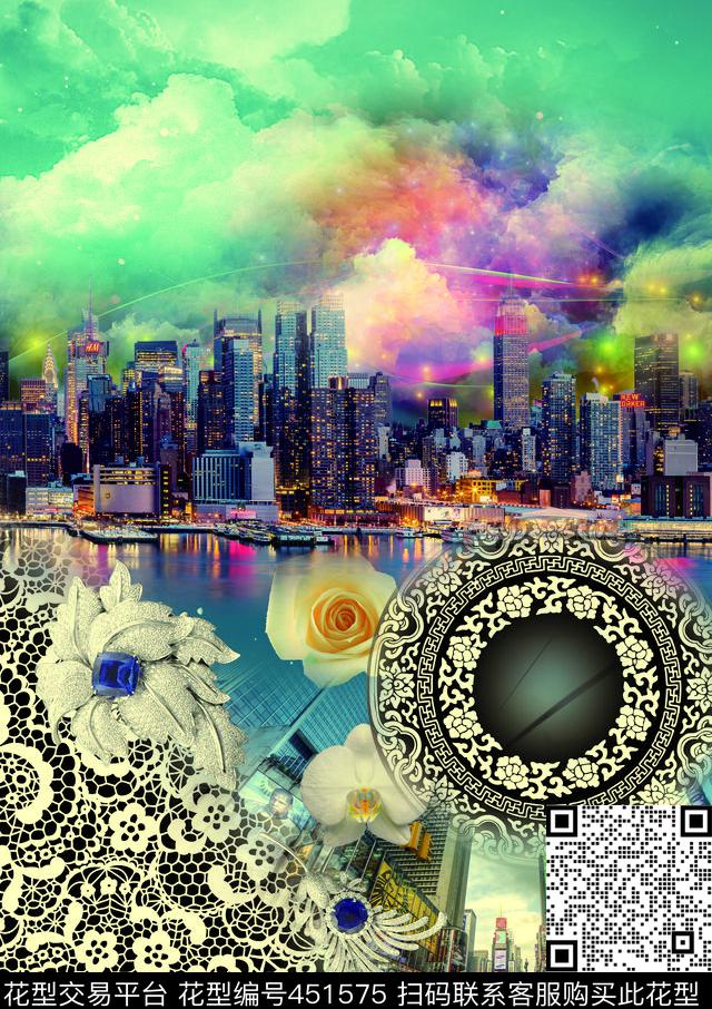 提花城市星空背景珠宝花朵数码印花华亿平台下载（图片编号: 451575） - 瓦栏（Walan）