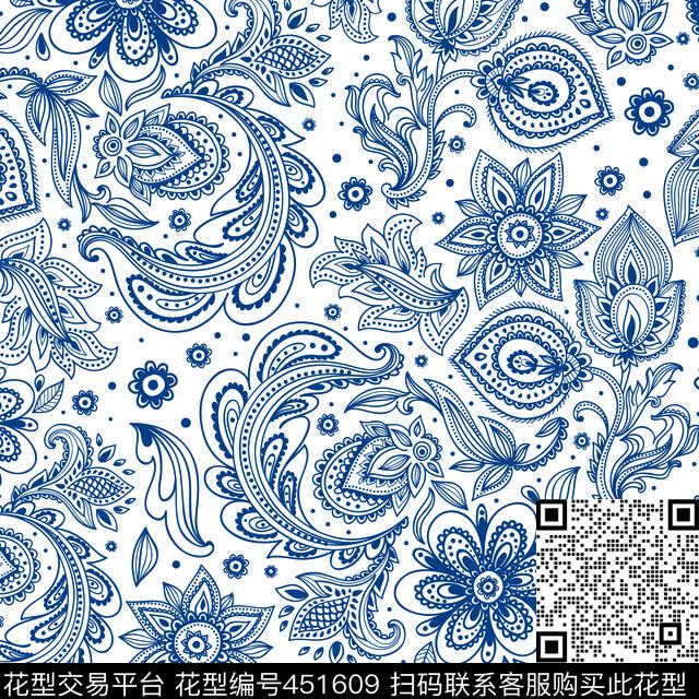 腰果青花瓷图案复古传统印花华亿平台下载（图片编号: 451609） - 瓦栏（Walan）