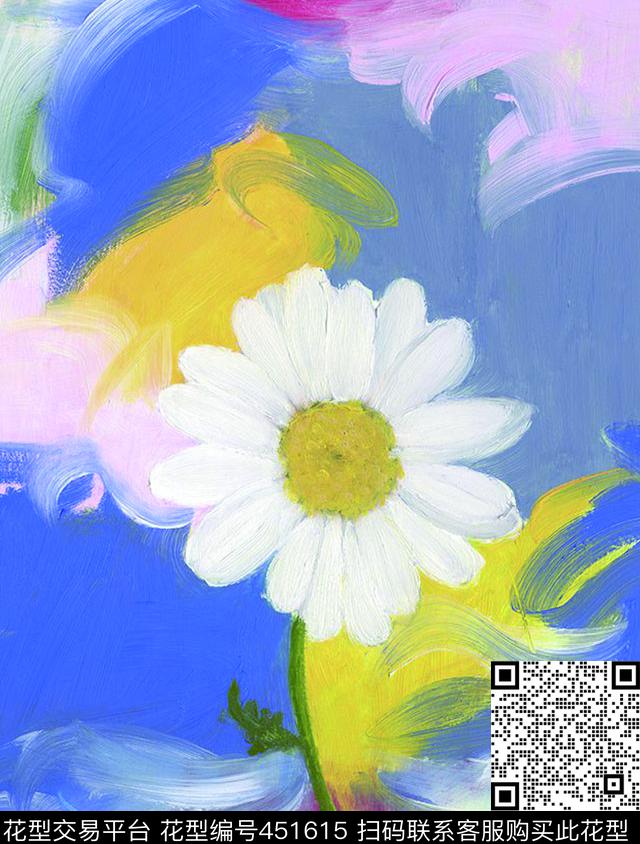 复古粉彩画太阳花白色油画花数码印花华亿平台下载（图片编号: 451615） - 瓦栏（Walan）