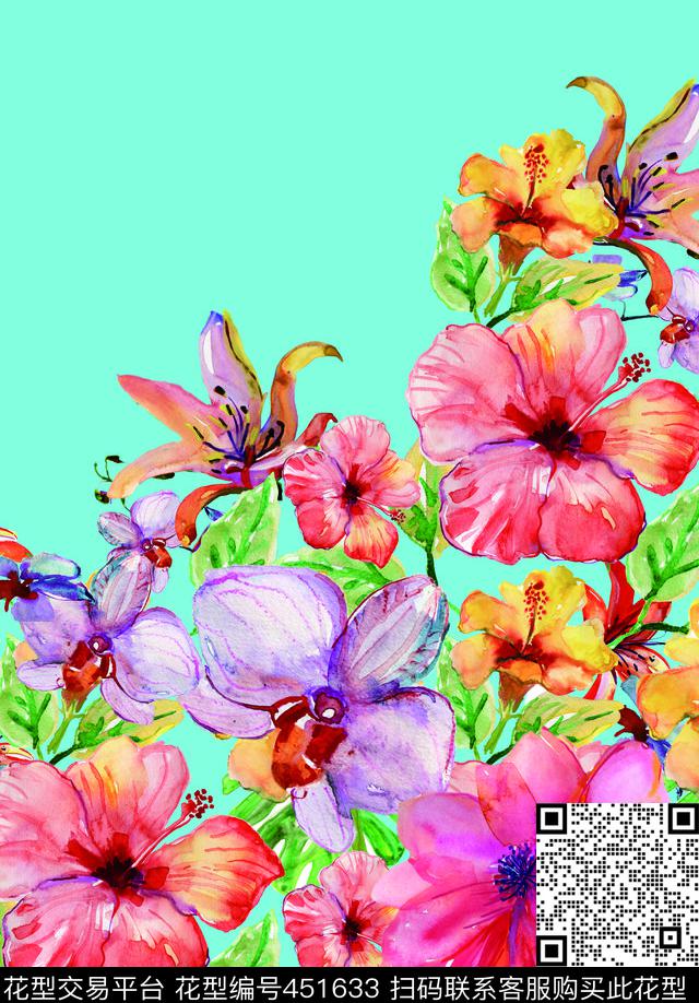 时尚定位花水彩花卉满底数码印花华亿平台下载（图片编号: 451633） - 瓦栏（Walan）