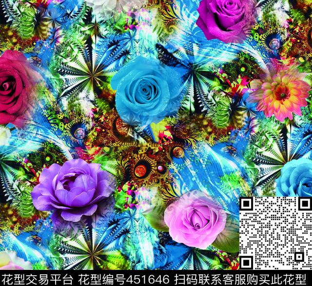 绚丽花卉玫瑰花抽象底纹花数码印花华亿平台下载（图片编号: 451646） - 瓦栏（Walan）