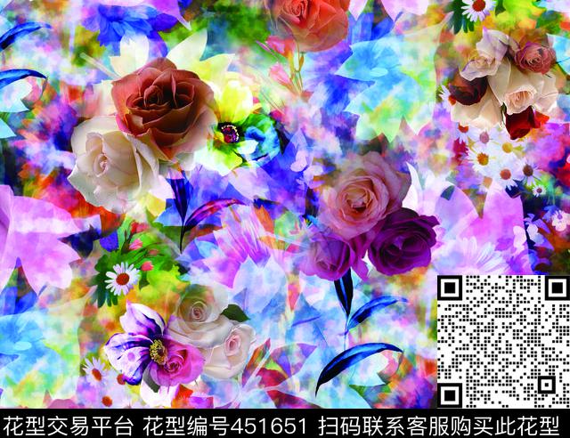 绚丽花卉幻彩底纹时尚花朵数码印花华亿平台下载（图片编号: 451651） - 瓦栏（Walan）