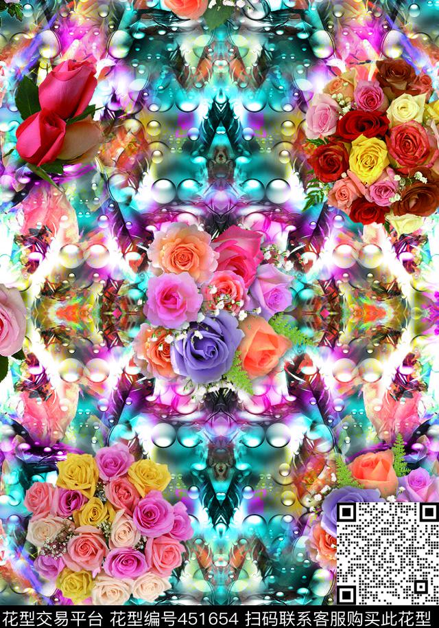 绚丽花卉幻彩底纹时尚花朵数码印花华亿平台下载（图片编号: 451654） - 瓦栏（Walan）