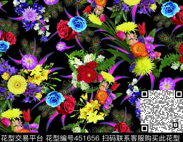 绚丽花卉黑色底纹时尚花朵羽毛数码印花华亿平台下载（图片编号: 451656） - 瓦栏（Walan）