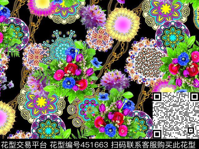 绚丽花卉黑色底纹时尚花朵数码印花华亿平台下载（图片编号: 451663） - 瓦栏（Walan）