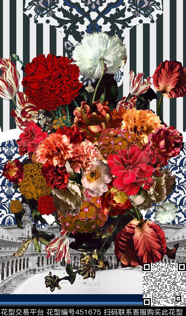 时尚条纹复古花卉数码印花华亿平台下载（图片编号: 451675） - 瓦栏（Walan）
