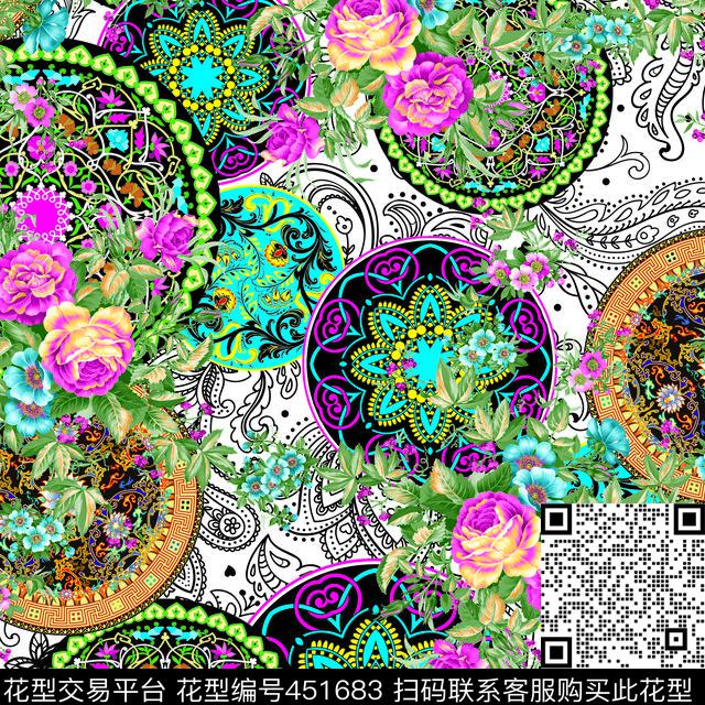 时尚花卉民族风圆圈线条腰果底纹数码印花华亿平台下载（图片编号: 451683） - 瓦栏（Walan）