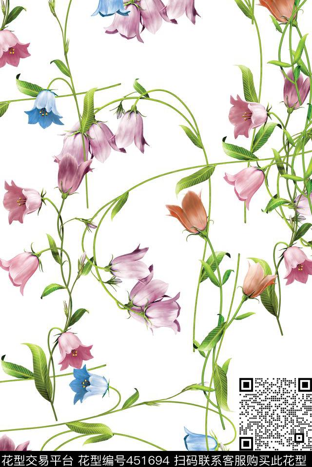 时尚手绘花卉高清数码印花华亿平台下载（图片编号: 451694） - 瓦栏（Walan）