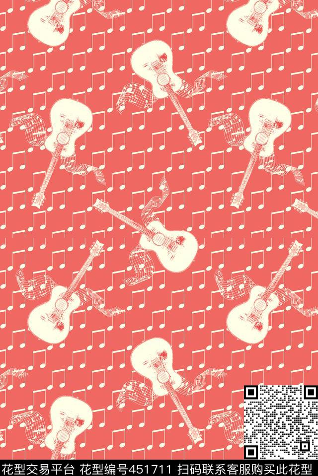 时尚潮流音乐元素吉他音符五线谱简约传统印花华亿平台下载（图片编号: 451711） - 瓦栏（Walan）