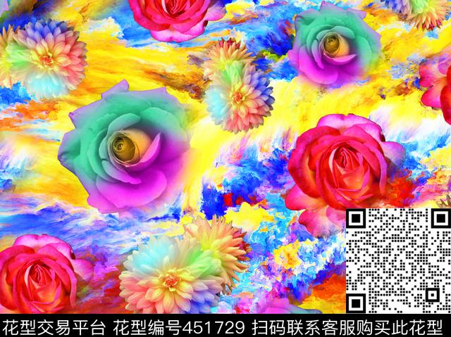 绚丽大花朵油画底纹时尚花卉数码印花华亿平台下载（图片编号: 451729） - 瓦栏（Walan）