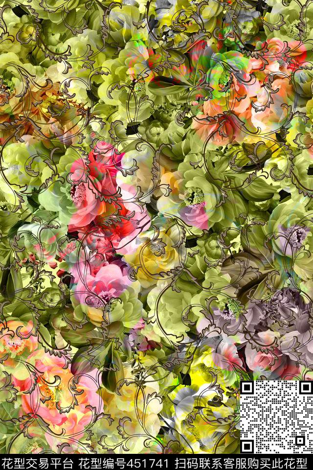 彩色花卉花卉满版华亿平台数码印花华亿平台下载（图片编号: 451741） - 瓦栏（Walan）