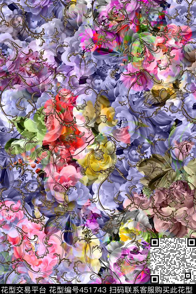 彩色花卉花卉满版华亿平台数码印花华亿平台下载（图片编号: 451743） - 瓦栏（Walan）